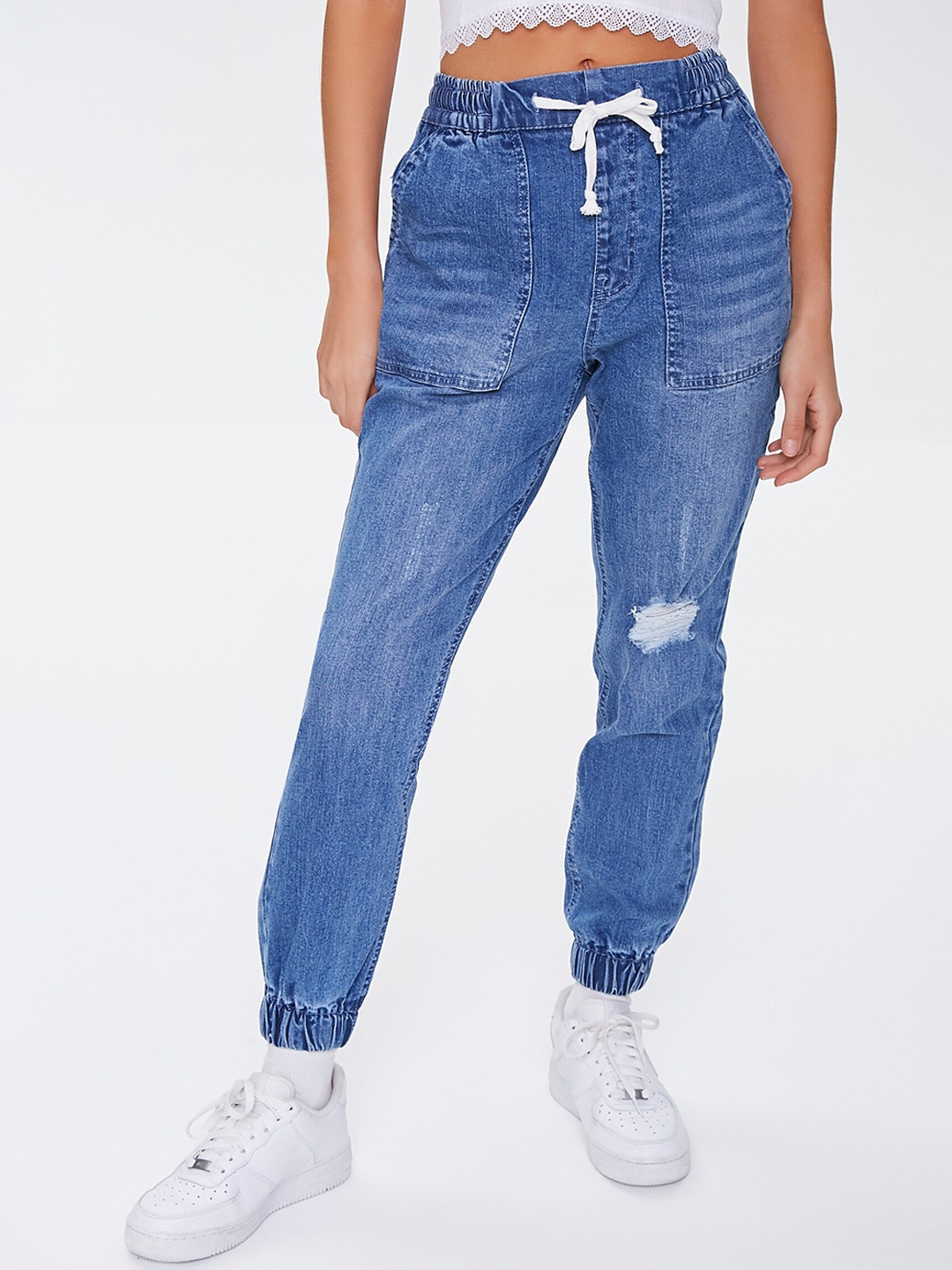 

FOREVER 21 Women Blue Highly Distressed Light Fade Jeans