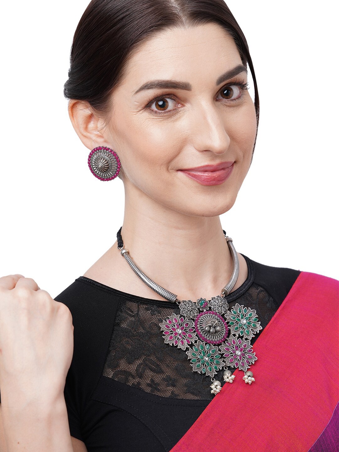 

Binnis Wardrobe Set of Silver-Toned & Maroon German Silver Oxidised Jewellery Set