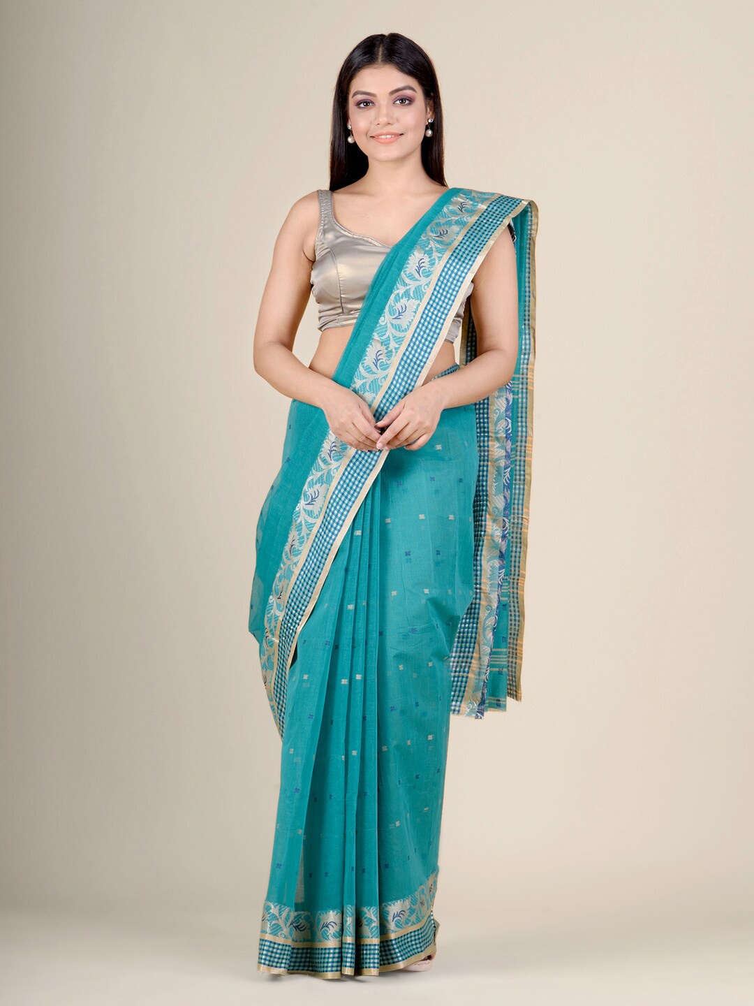 

Charukriti Teal Green & Silver-Toned Woven Design Pure Cotton Handloom Taant Saree