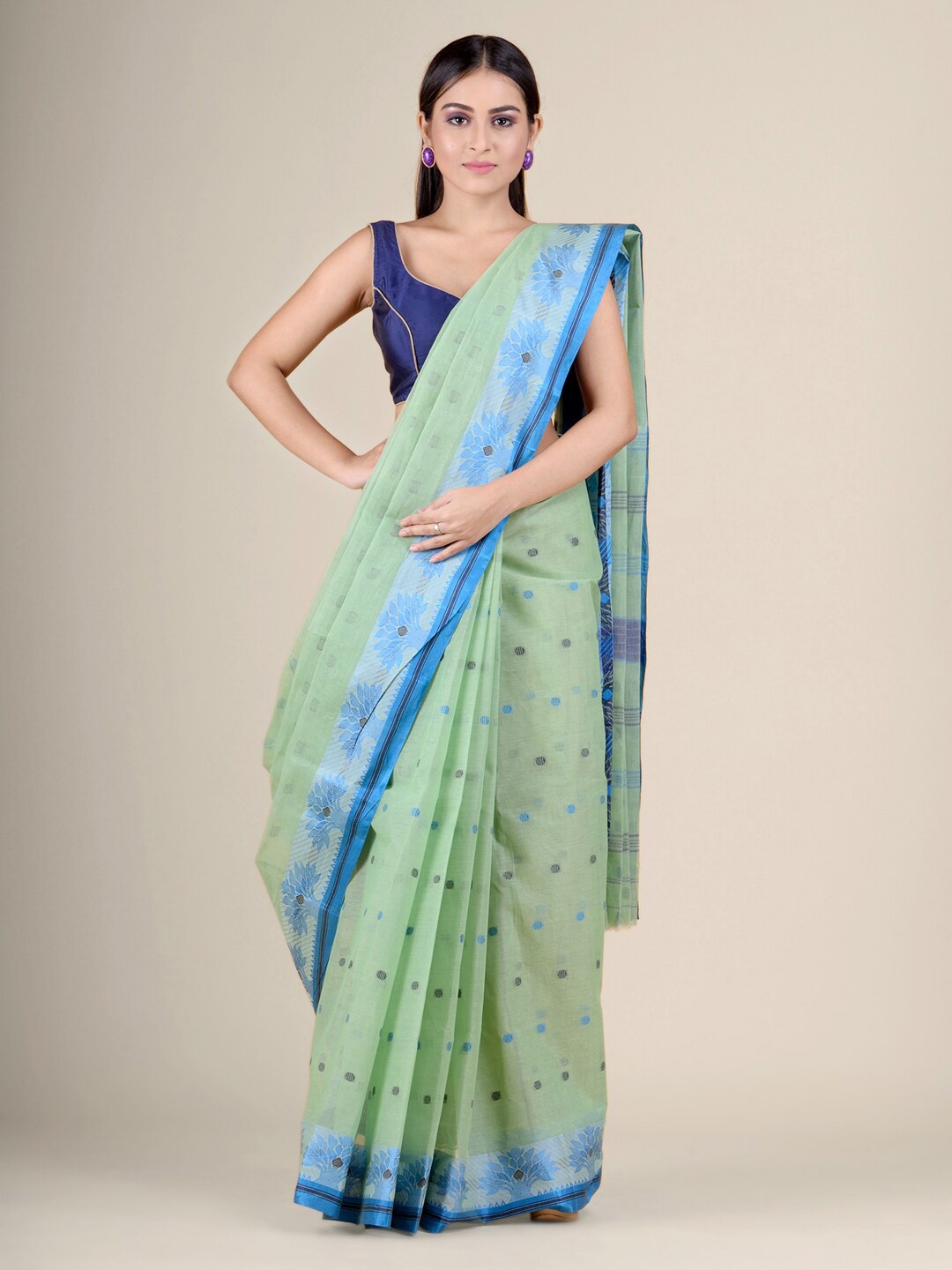 

Charukriti Green & Blue Woven Design Pure Cotton Handloom Taant Saree