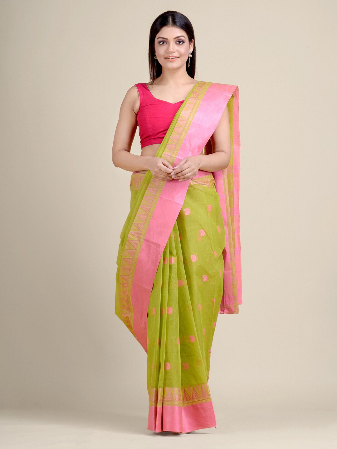 

Charukriti Green & Pink Paisley Pure Cotton Handloom Taant Saree