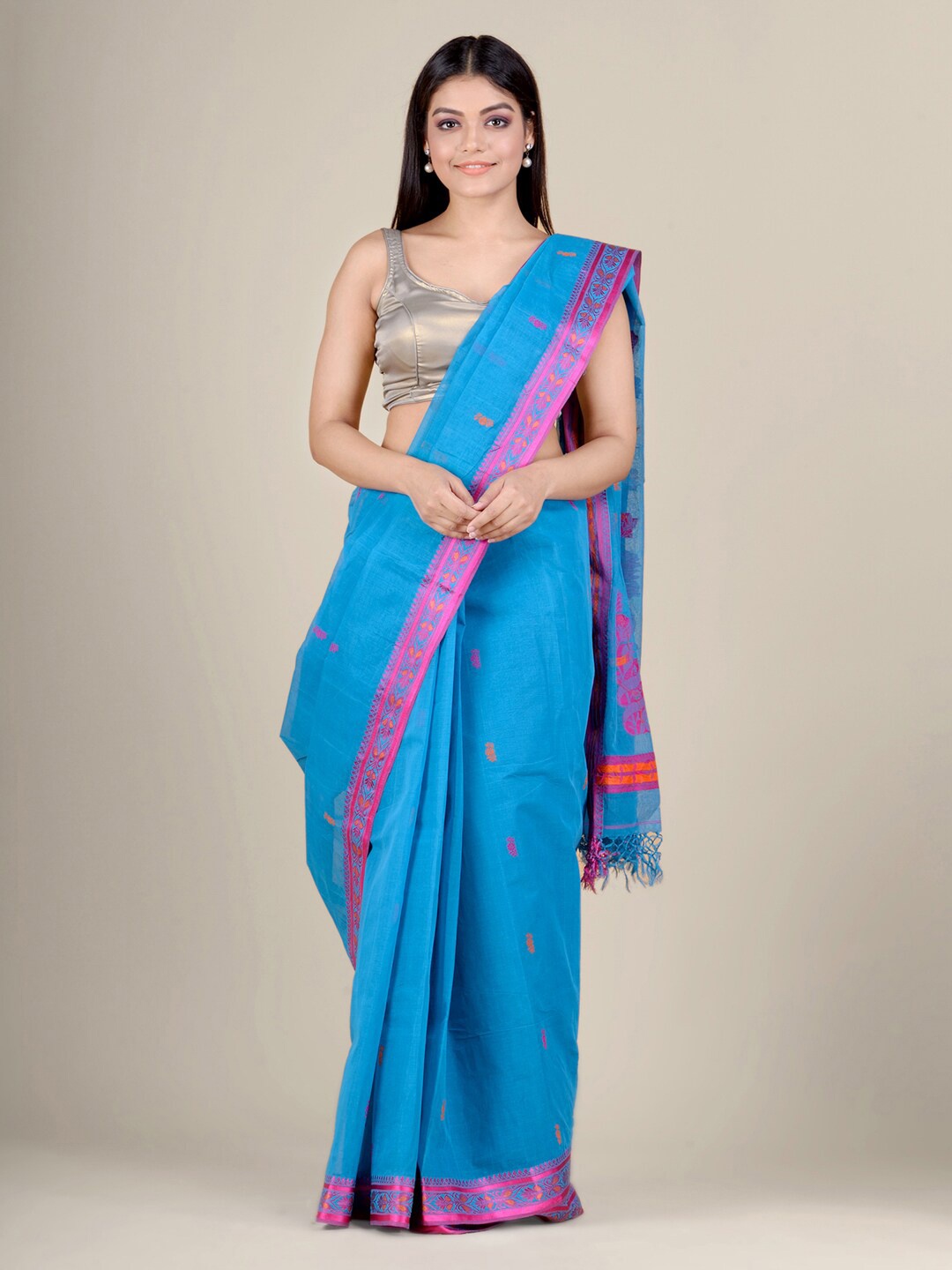 

Charukriti Blue & Pink Woven Design Zari Pure Cotton Handloom Taant Saree