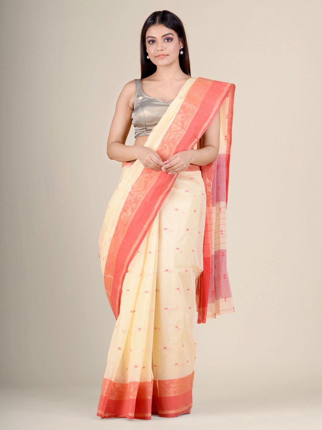 

Charukriti Yellow & Red Woven Design Pure Cotton Handloom Taant Saree