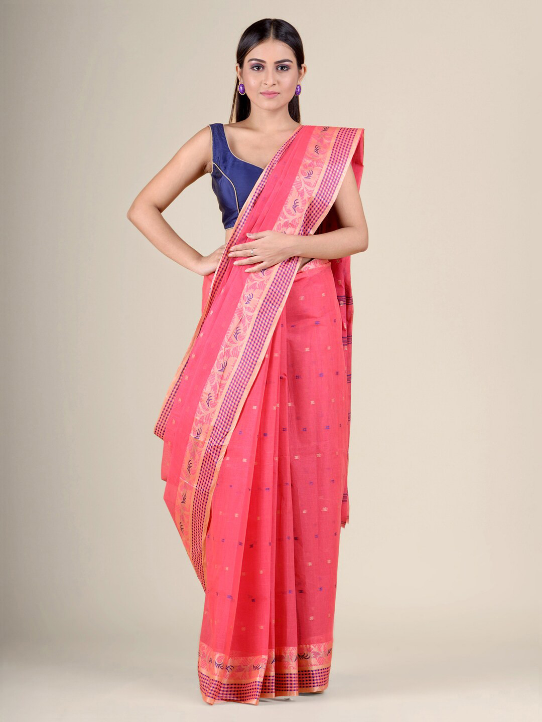 

Charukriti Pink & Beige Woven Design Pure Cotton Handloom Taant Saree