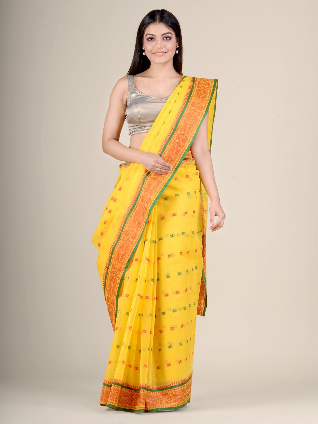 

Charukriti Yellow & Red Woven Design Pure Cotton Handloom Taant Saree