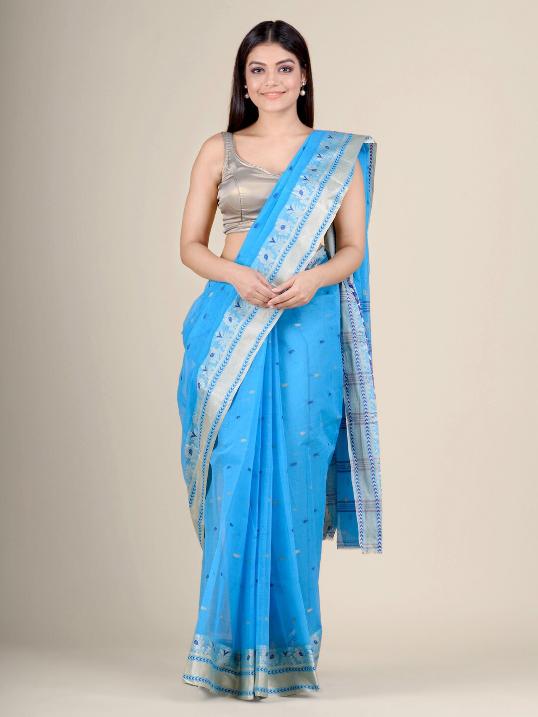 

Charukriti Blue & Silver-Toned Woven Design Pure Cotton Handloom Taant Saree