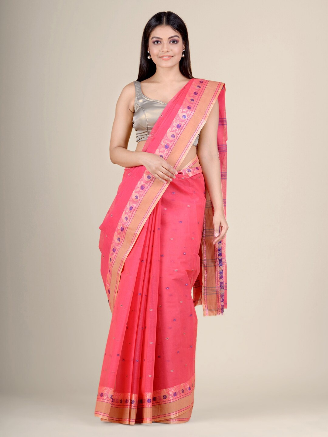 

Charukriti Pink & Beige Woven Design Pure Cotton Handloom Taant Saree