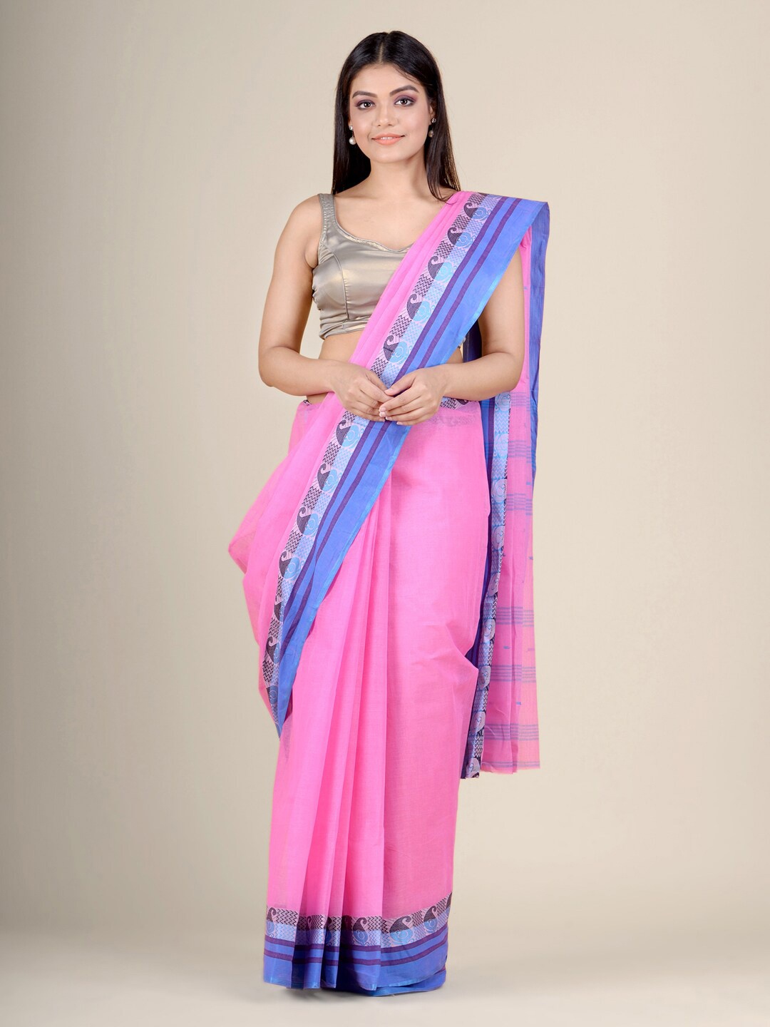 

Charukriti Pink & Blue Woven Design Pure Cotton Handloom Taant Saree