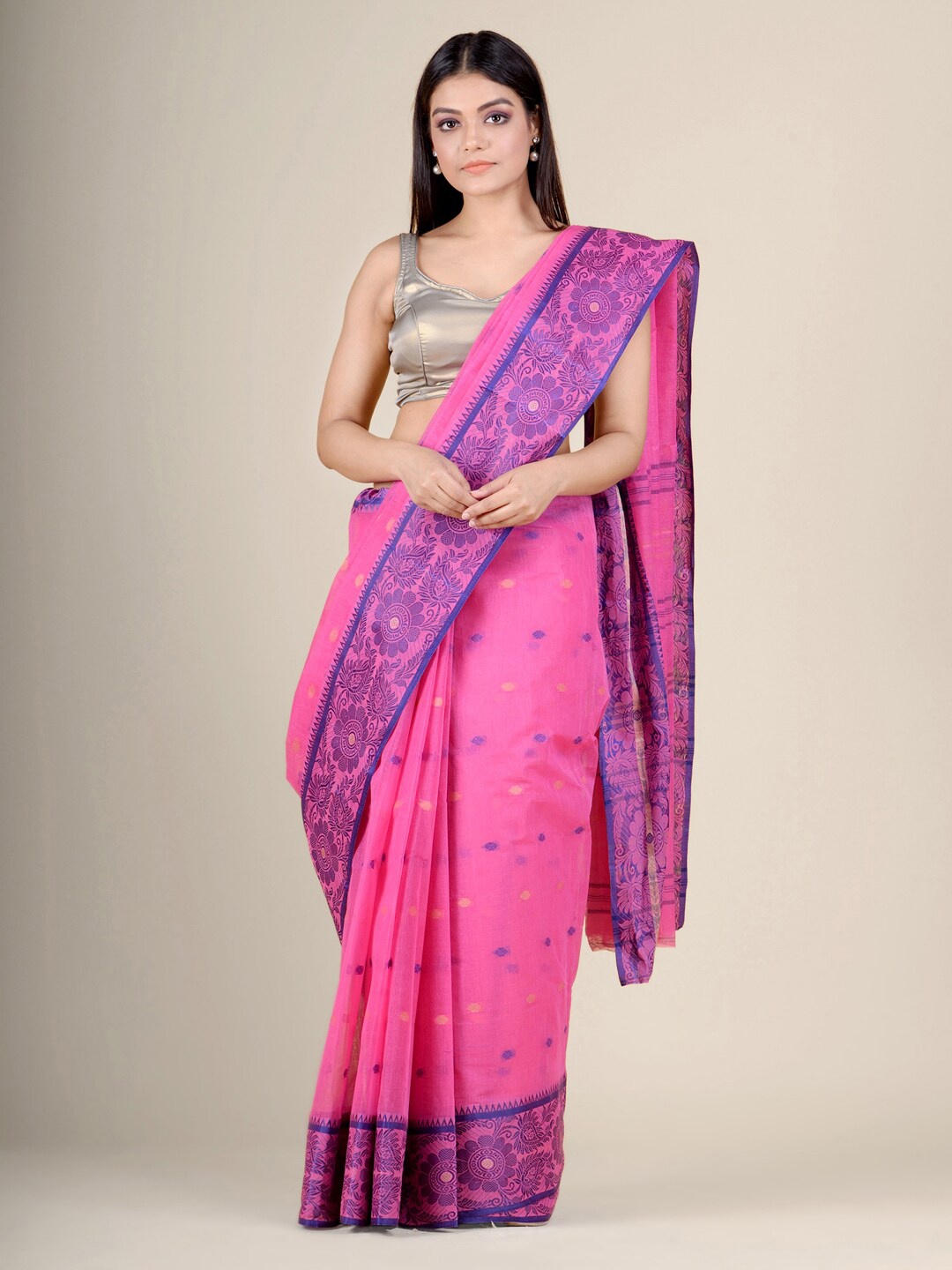 

Charukriti Pink & Blue Woven Design Pure Cotton Handloom Taant Saree