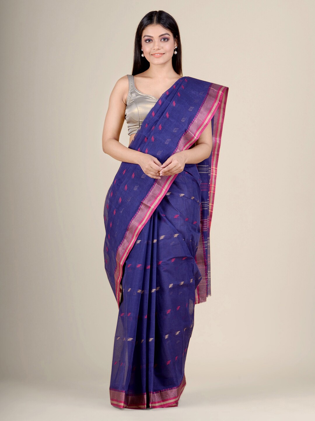 

Charukriti Navy Blue & Pink Woven Design Zari Pure Cotton Handloom Taant Saree