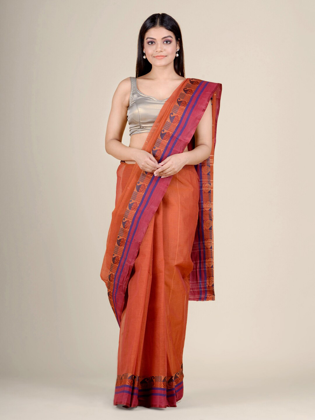 

Charukriti Orange Zari Pure Cotton Handloom Taant Saree