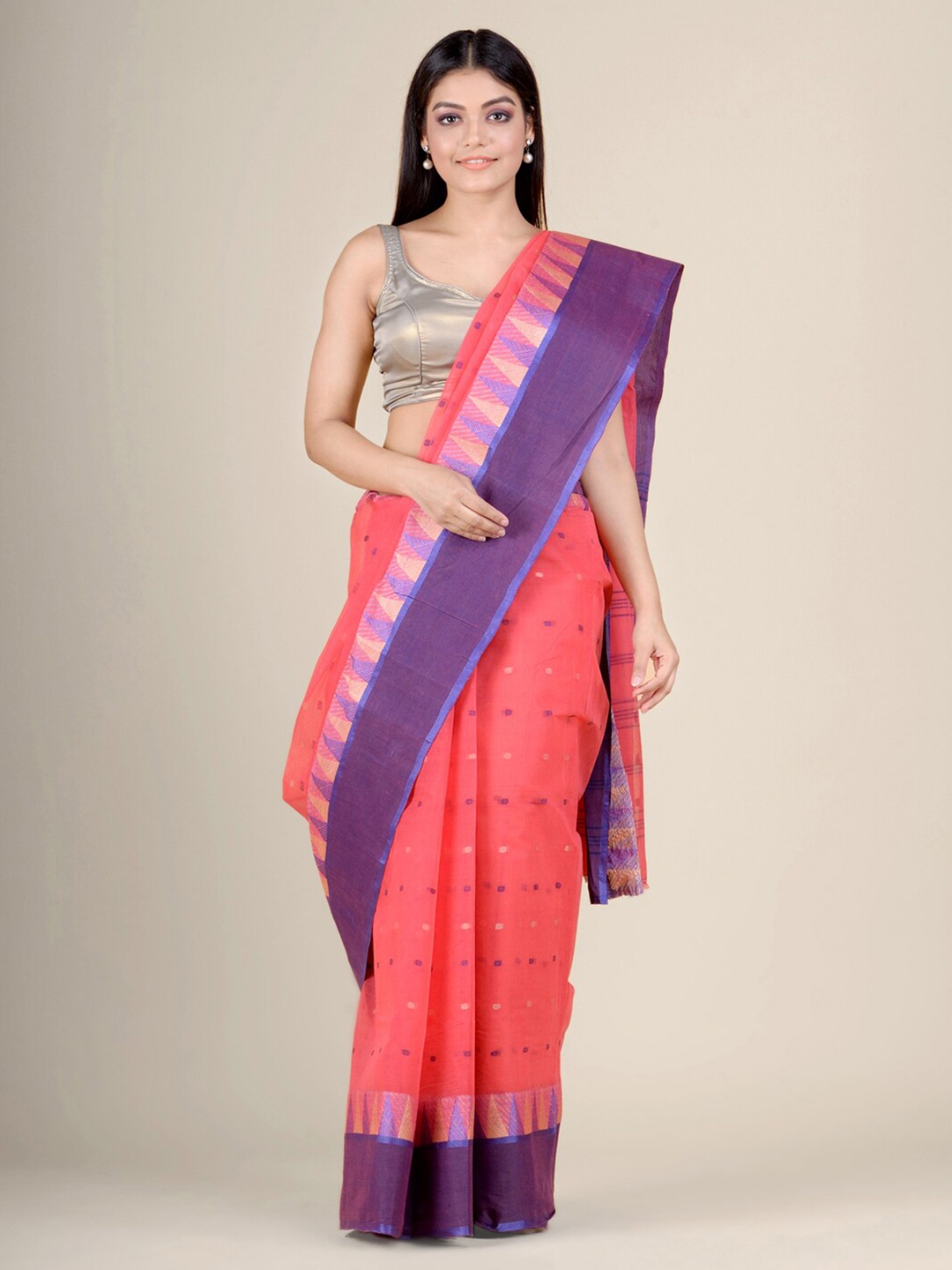

Charukriti Coral & Blue Woven Design Pure Cotton Handloom Taant Saree