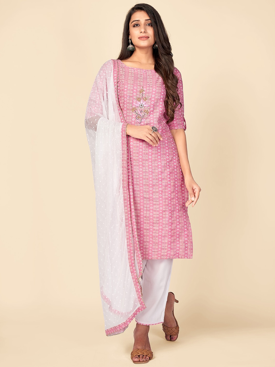 

Vbuyz Women Pink Ethnic Motifs Regular Thread Work Cotton Blend Kurta with Trousers & With Dupatta