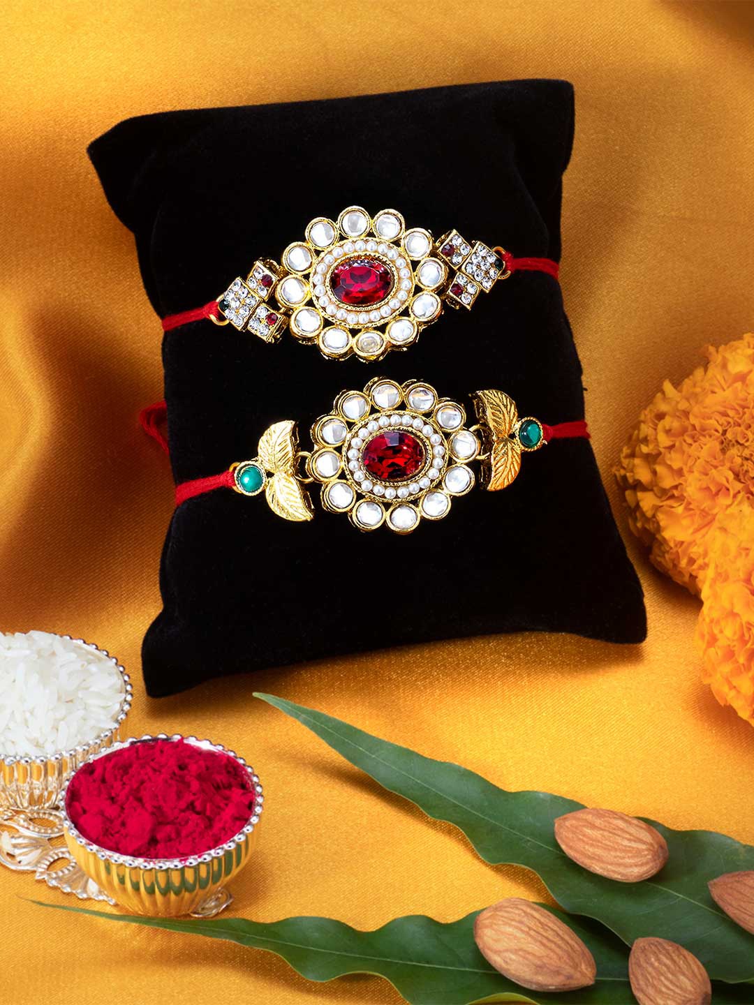 

Peora Set of 2 Handmade Kundan Rakhi with Raksha Bandhan Greeting Card & Roli Chawal, Red