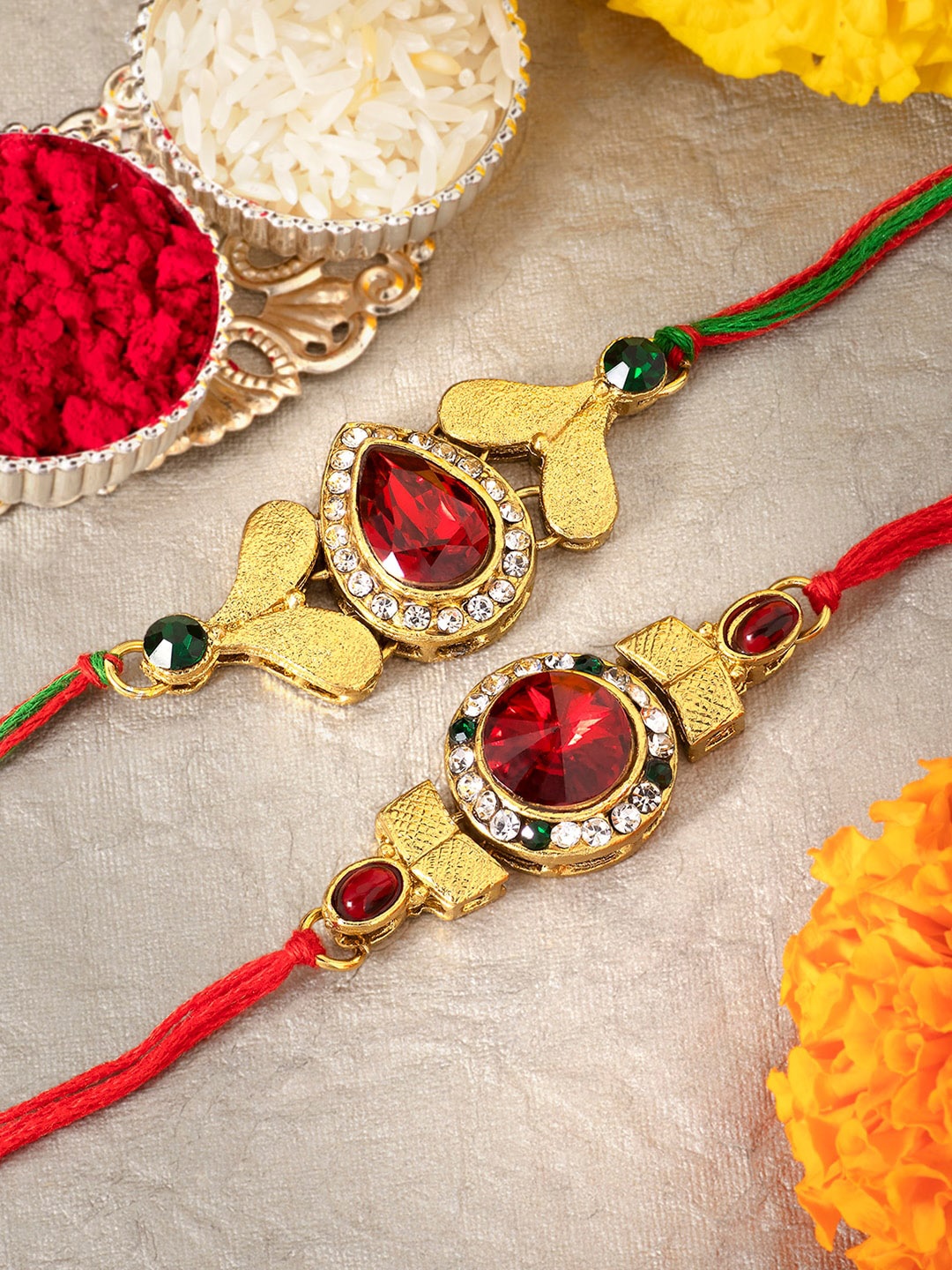 

Peora Set of 2 Handmade Kundan Rakhi with Raksha Bandhan Greeting Card & Roli Chawal, Maroon