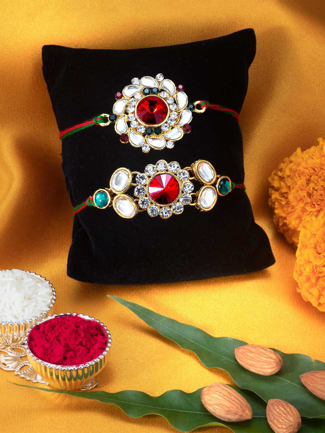

Peora Set of 2 Handmade Kundan Rakhi with Raksha Bandhan Greeting Card & Roli Chawal, Red