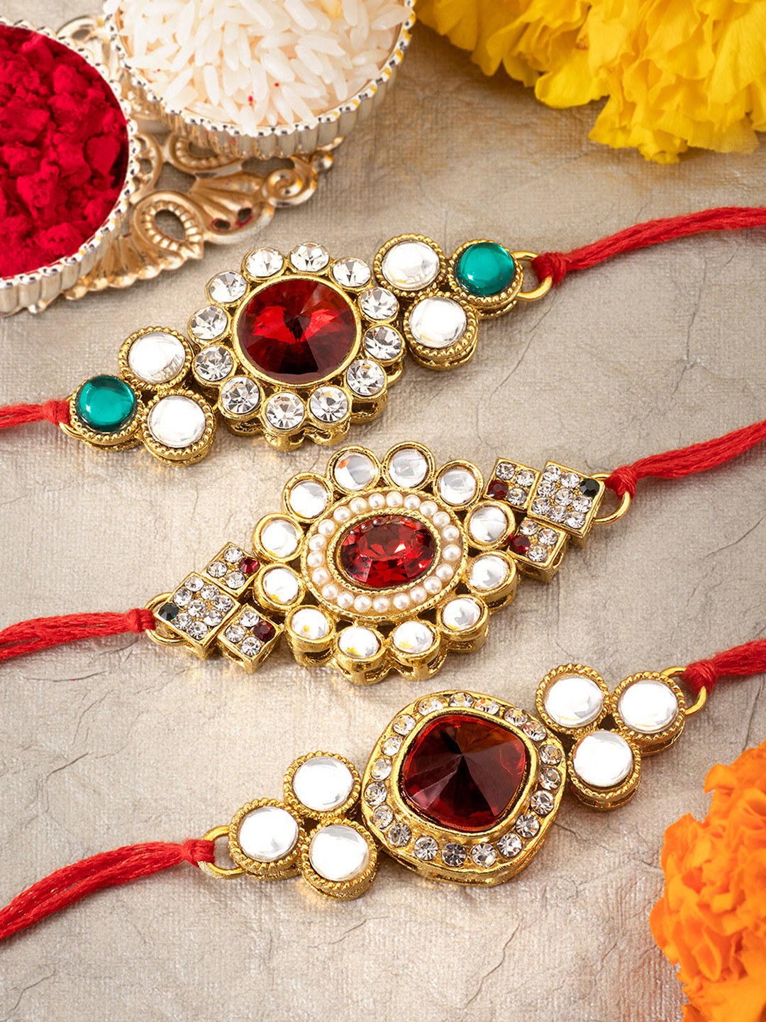 Peora Set of 3 Handmade Kundan Rakhi with Raksha Bandhan Greeting Card & Roli Chawal