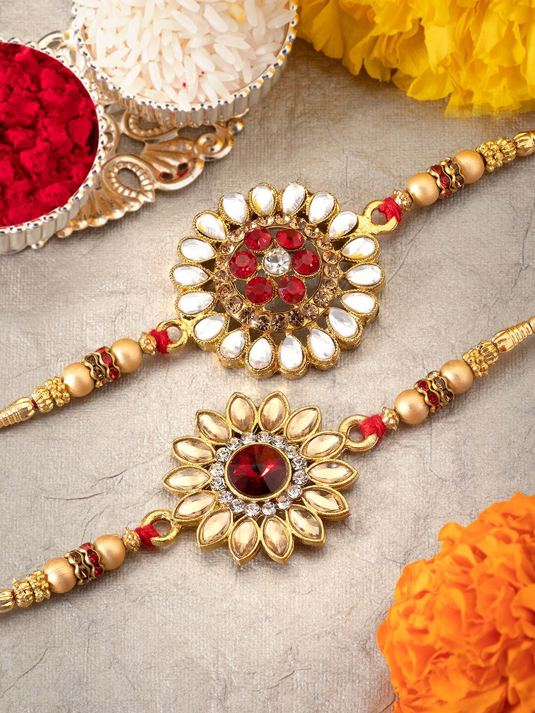 

Peora Set of 2 Handmade Kundan Rakhi with Raksha Bandhan Greeting Card & Roli Chawal, Red
