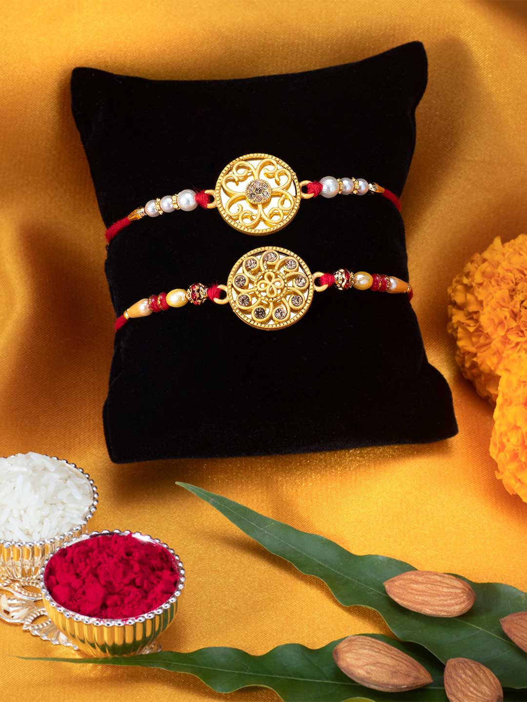 

Peora Set of 2 Handmade Kundan Rakhi with Raksha Bandhan Greeting Card & Roli Chawal, Gold