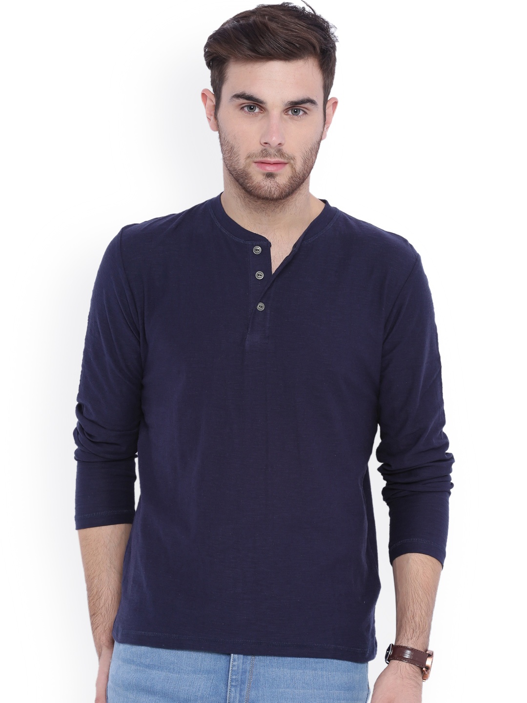 

ARISE Men Navy Blue Solid Henley Neck T-Shirt
