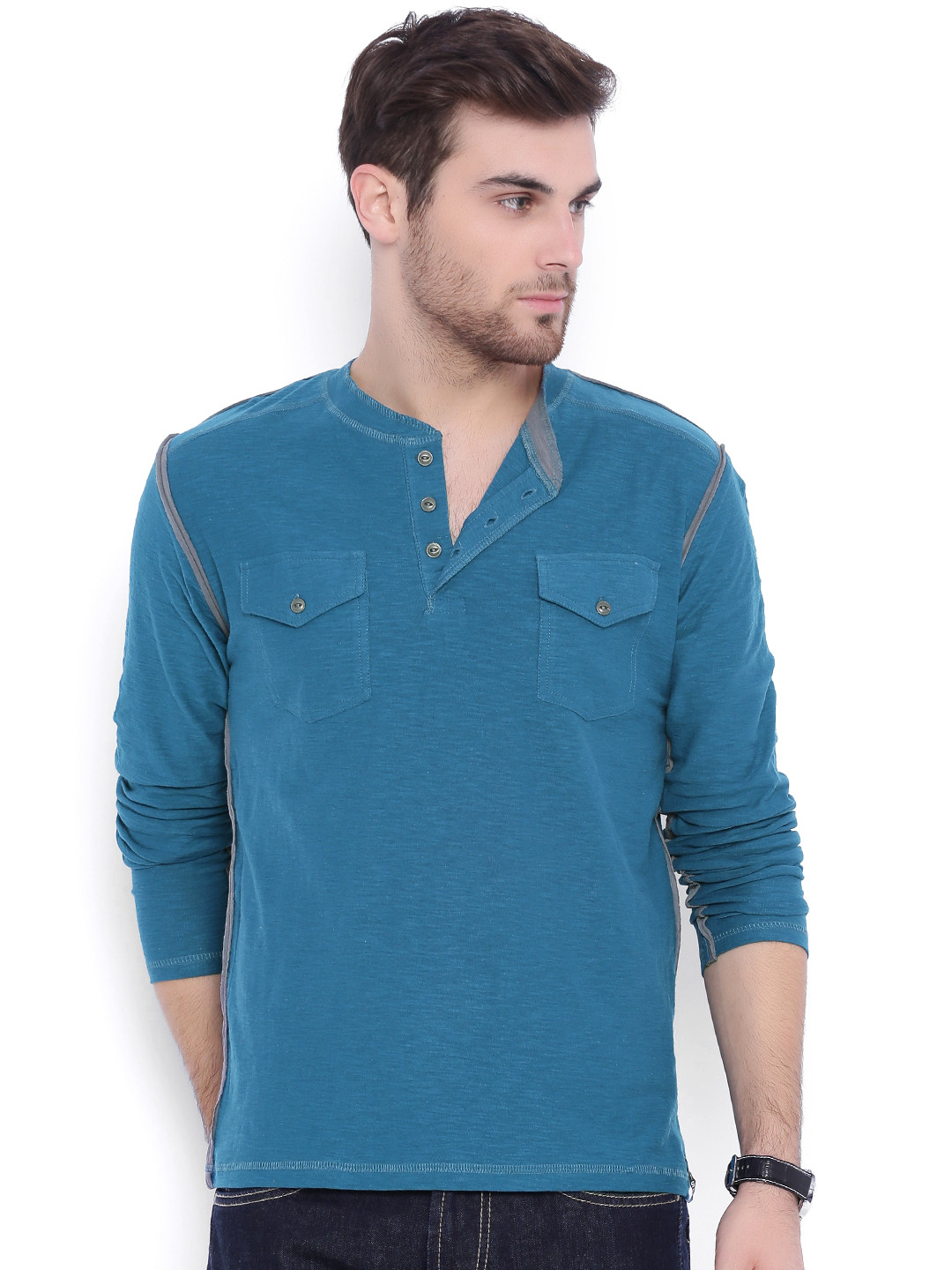 

ARISE Men Teal Green Solid Henley Neck T-shirt