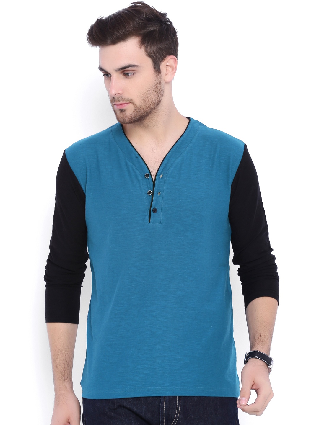 

ARISE Men Teal Green Solid Henley Neck T-shirt
