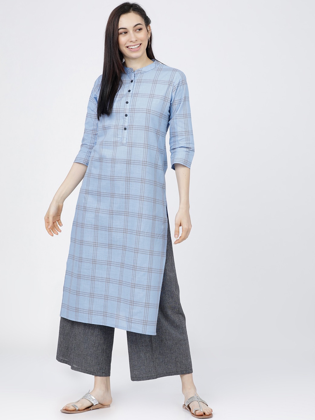 

Vishudh Women Blue & Grey Checked Kurta