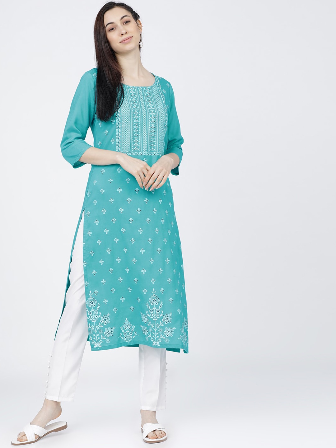 

Vishudh Women Turquoise Blue Ethnic Motifs Printed Kurta