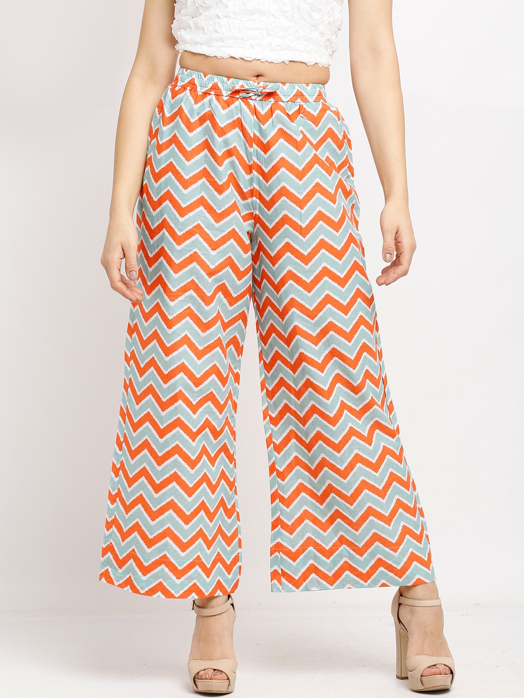 

Rajnandini Women Orange & Green Printed Flared Handloom Ethnic Palazzos