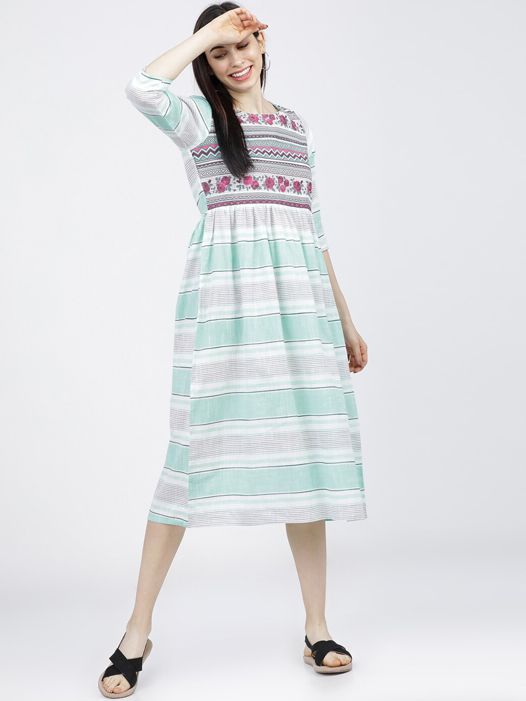 

Vishudh Cream-Coloured & Blue Striped A-Line Midi Dress