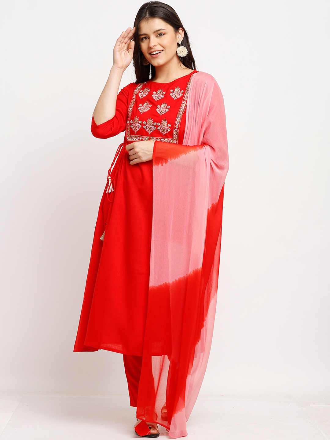 

Rajnandini Women Red Ethnic Motifs Embroidered Kurta with Trousers & Dupatta