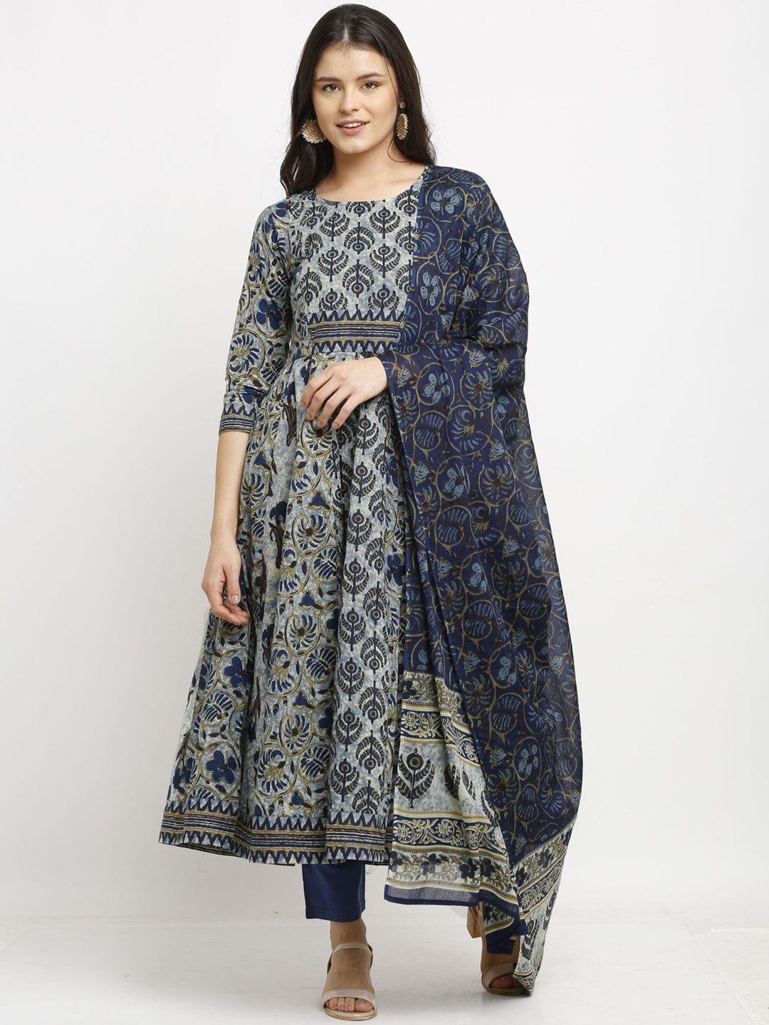 

Rajnandini Women Blue Ethnic Motifs Printed Pure Cotton Kurta with Trousers & With Dupatta