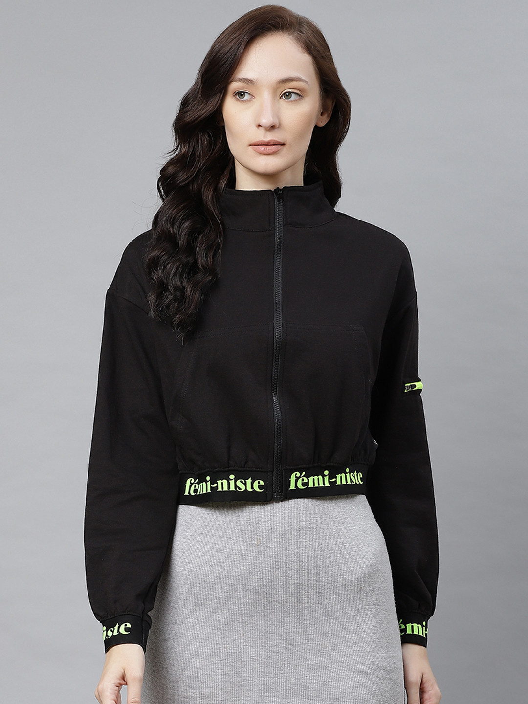 

Hubberholme Women Black Solid Front-Open Cropped Sweatshirt