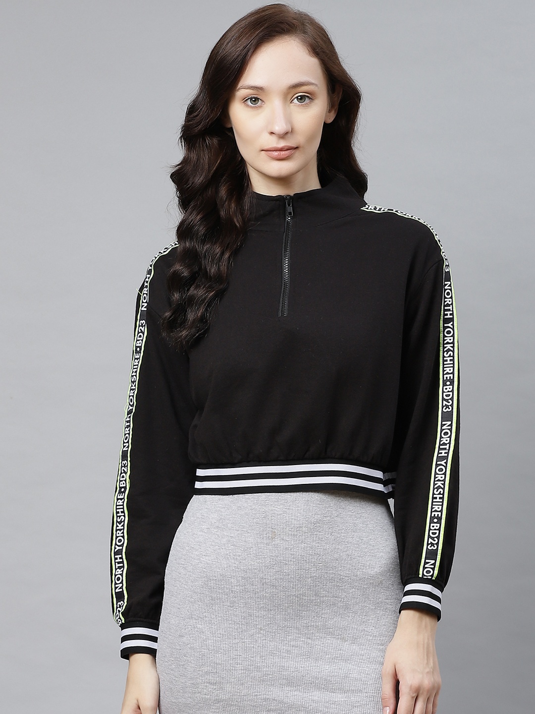 

Hubberholme Women Black Solid Sweatshirt with Side Taping Detail