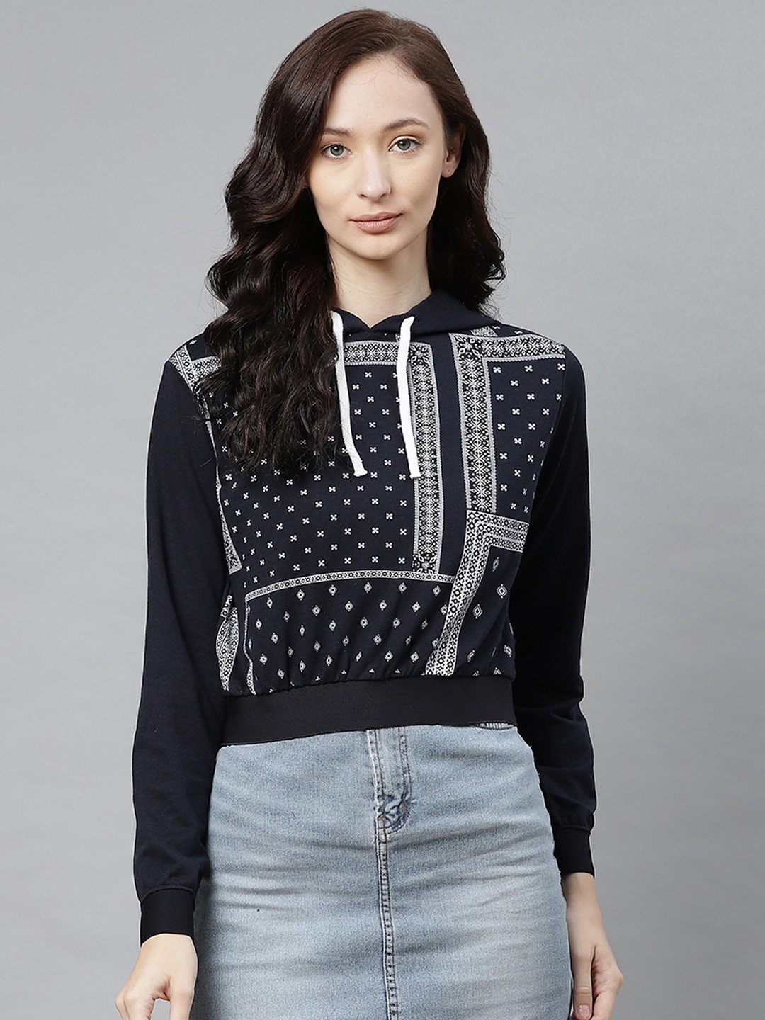 

Hubberholme Women Navy Blue & White Printed Hooded Sweatshirt