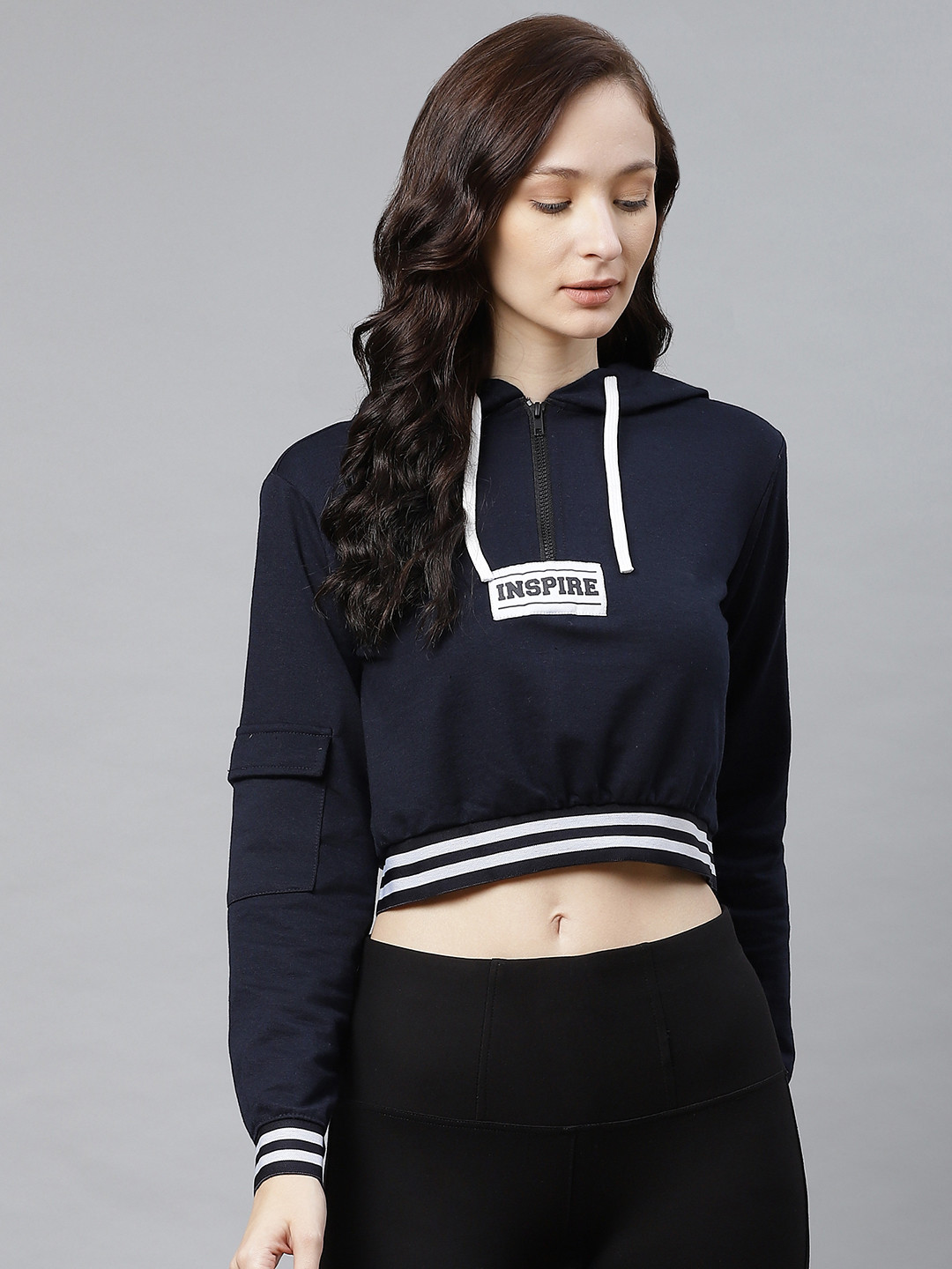 

Hubberholme Women Navy Blue Cropped Hooded Sweatshirt