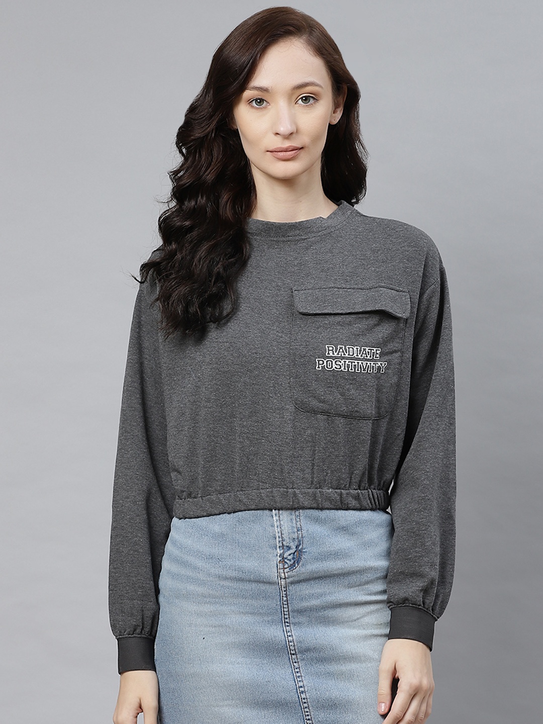 

Hubberholme Women Charcoal Grey Solid Box Pocket Sweatshirt