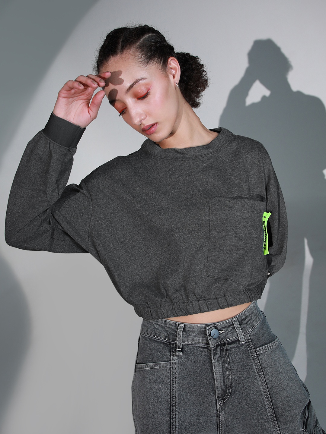 

Hubberholme Women Charcoal Grey Solid Box Pocket Sweatshirt