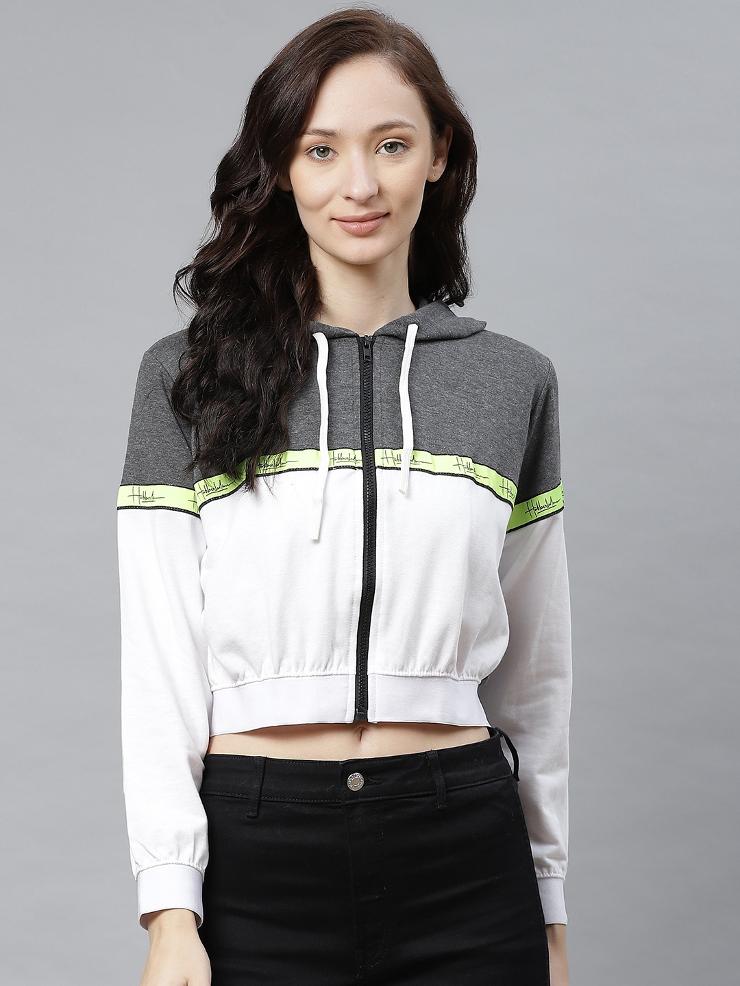 

Hubberholme Women White & Charcoal Grey Colourblocked Hooded Cropped Sweatshirt
