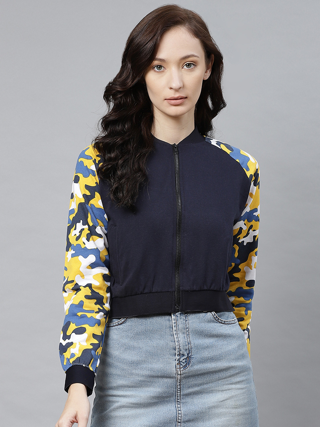 

Hubberholme Women Navy Blue Camouflage Sleeves Sweatshirt