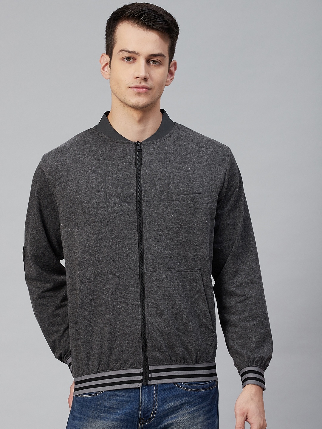 

Hubberholme Men Grey Solid Front-Open Sweatshirt