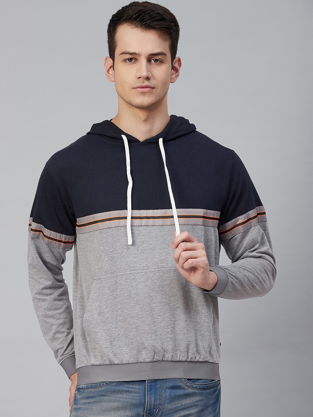 

Hubberholme Men Grey & Navy Blue Colourblocked Hooded Pullover Sweatshirt