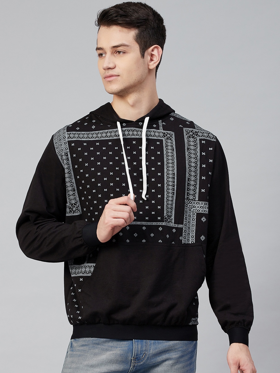 

Hubberholme Men Black & Grey Printed Hooded Sweatshirt