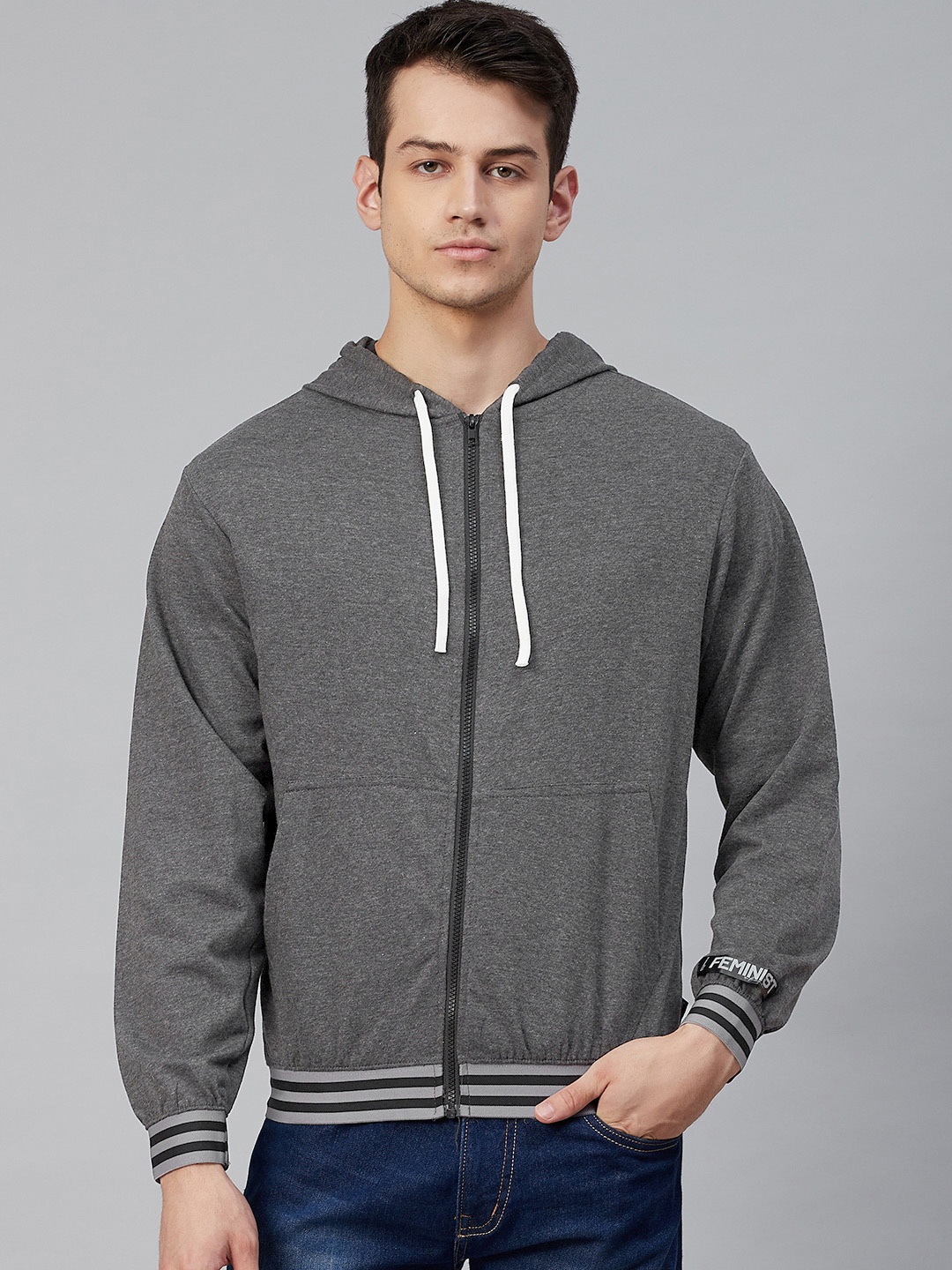 

Hubberholme Men Charcoal Grey Solid Hooded Sweatshirt