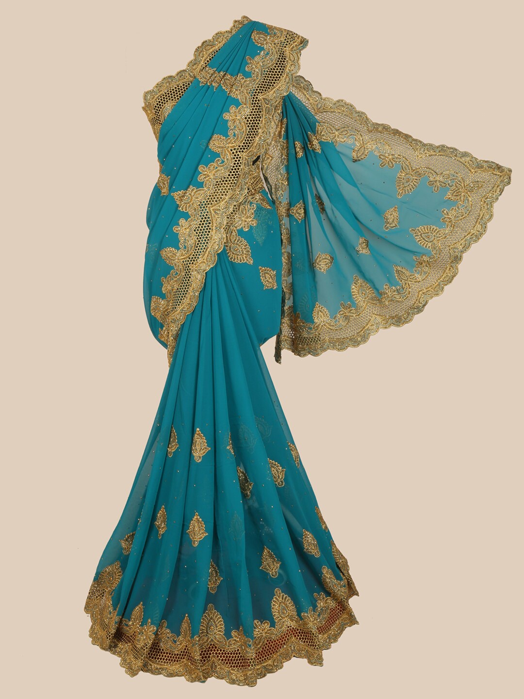 

Pothys Blue & Gold-Toned Embellished Embroidered Saree