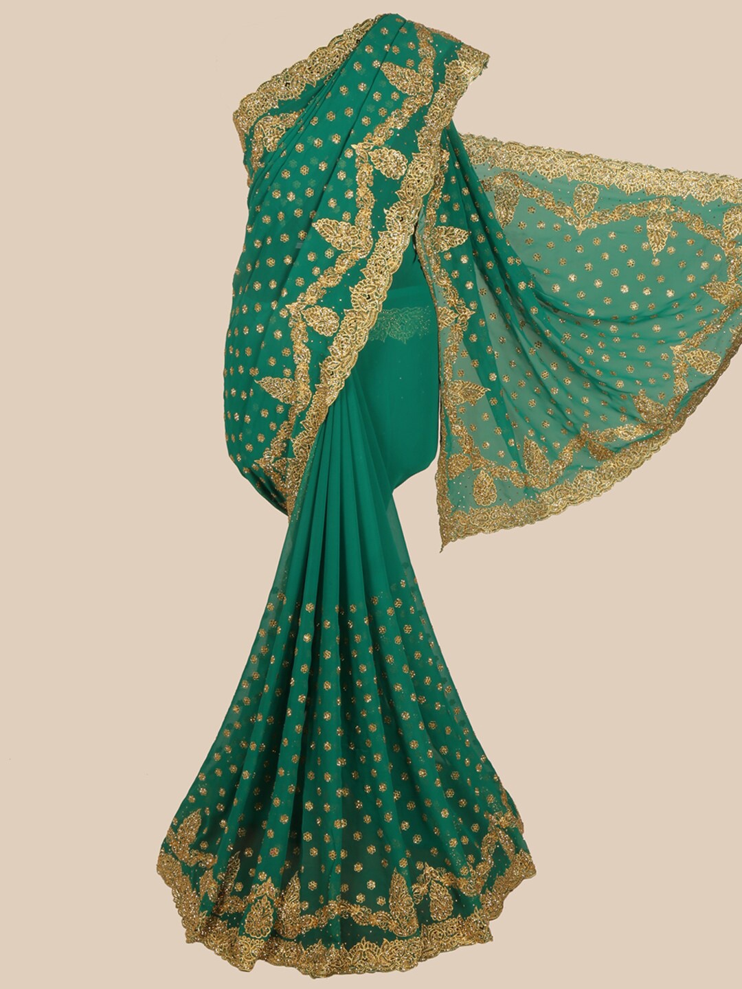 

Pothys Green & Gold-Toned Embellished Georgette Saree