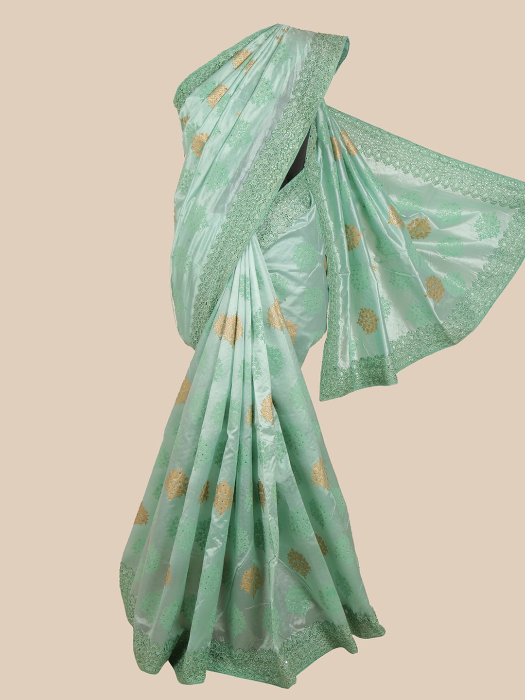 

Pothys Green & Orange Ethnic Motifs Beads and Stones Art Silk Saree