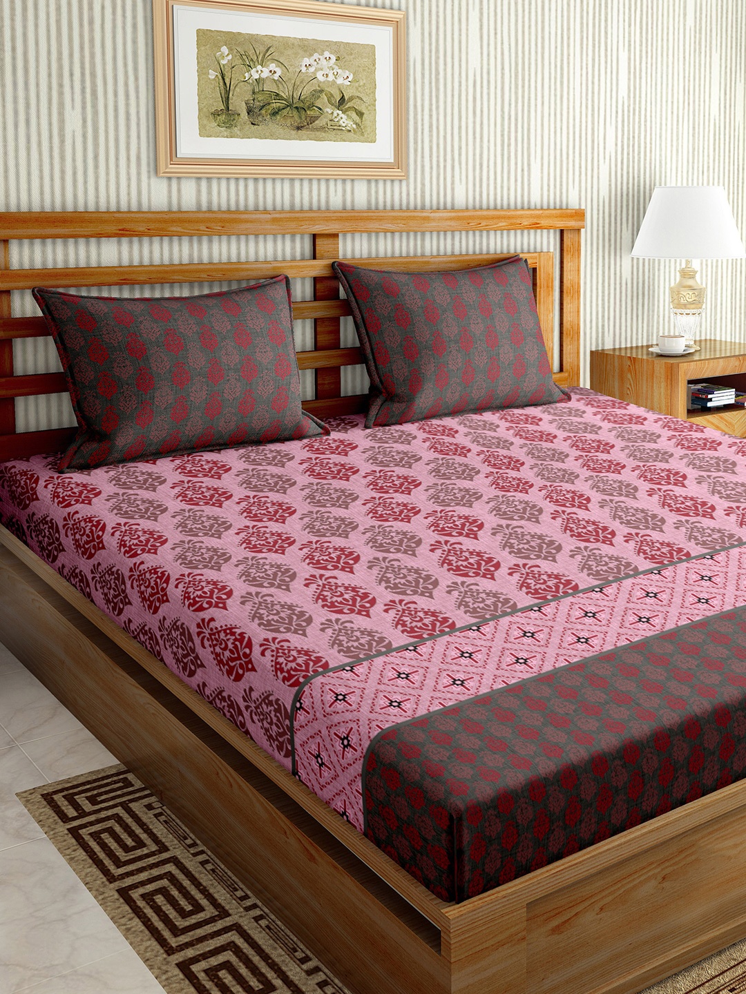 BELLA CASA Pink Ethnic Motifs 150 TC King Bedsheet with 2 Pillow Covers