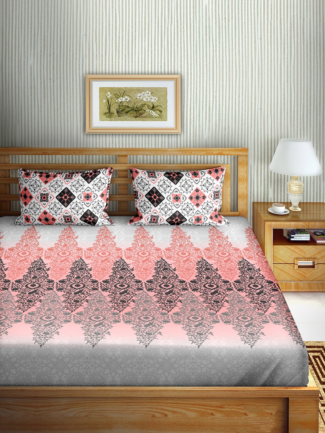 

BELLA CASA Pink & White 150 TC King Bedsheet with 2 Pillow Covers