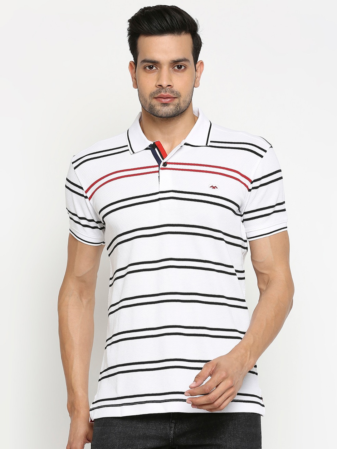 

Mufti Men White Striped Polo Collar Slim Fit Pure Cotton T-shirt